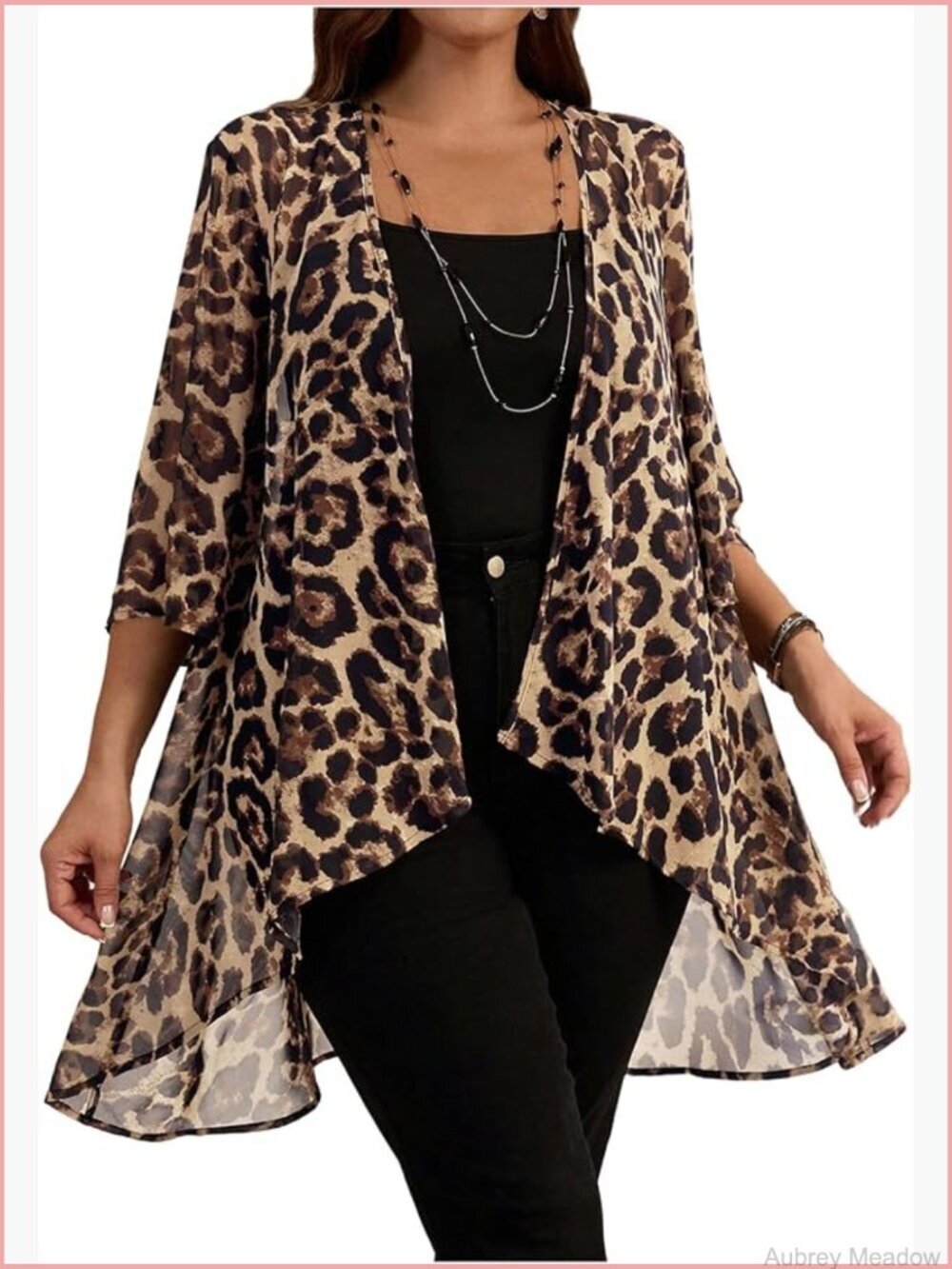Premium Plus Size Cheetah Print Kimono Cardigan Open Front Asymmetrical Hem
